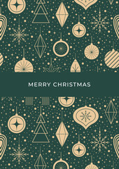Christmas card with a seamless pattern of beautiful hanging golden Christmas tree toys. Colorful background for greeting cards, posters, invitations, certificates, fabric prints