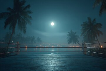 An eerie scene of a boxing ring on a tropical beach under a full moonlit night sky, surrounded by palm trees and distant city lights creates a mysterious atmosphere.