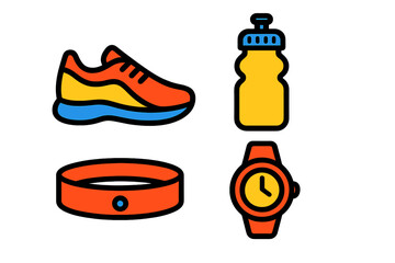 Fototapeta premium Essential sports equipment set featuring a running shoe, water bottle, fitness band, and wristwatch icons