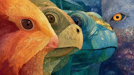Close-up colorful dinosaur portraits vibrant prehistoric creatures ancient reptiles detailed textures