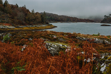 A dramatic and atmospheric photograph of the ruined medieval Castle Tioram (pronounced "Cheerum"), the former stronghold of the Clanranald branch of the MacDonalds - in Loch Moidart