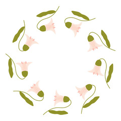 Flat style vector illustration of a round frame made of delicate pink bellflowers with green leaves, ideal for elegant designs, invitations, and floral decor on a white background.