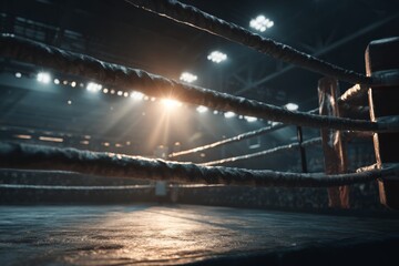 The iconic boxing ring under bright arena lights, showcasing ropes and canvas floor, capturing the intensity and focus of the competitive sport, ready for action.