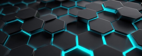 Abstract black hexagonal background with vibrant blue glowing highlights