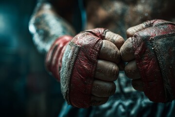 Close up on a boxer's bandaged hands ready for a fight with an intense dark background, dramatic lighting enhances the rugged texture of the leather boxing gloves.