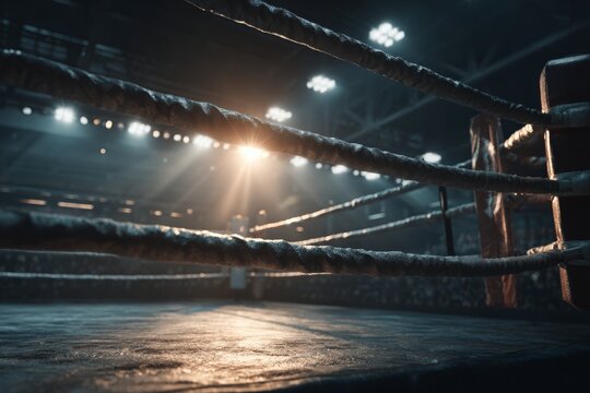 The iconic boxing ring under bright arena lights, showcasing ropes and canvas floor, capturing the intensity and focus of the competitive sport, ready for action.