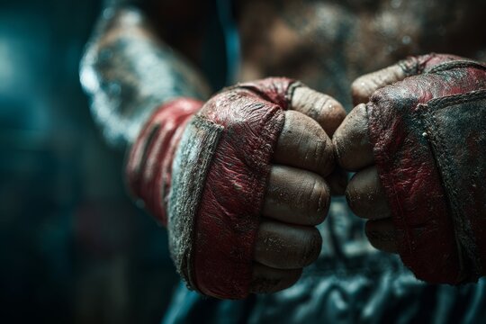 Close up on a boxer's bandaged hands ready for a fight with an intense dark background, dramatic lighting enhances the rugged texture of the leather boxing gloves.