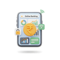 3d icon of online banking concept with indian rupee symbol on smartphone screen, isolated on white background