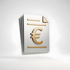 3d icon of stack of documents with golden euro symbol, isolated on white background