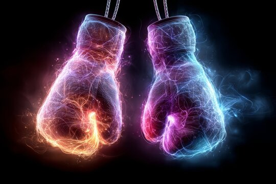Two boxing gloves glowing with neon energy, suspended against a dark background, representing strength, competition, and the power of a fight.