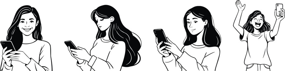 Four illustrations of a young woman using a smartphone, showing different emotions and poses, isolated on transparent background