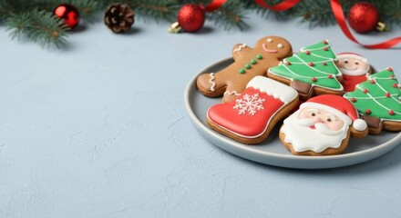Christmas Gingerbread Cookies on Blue Background