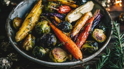 Roasted Vegetables and Brussels Sprouts in Bowl
