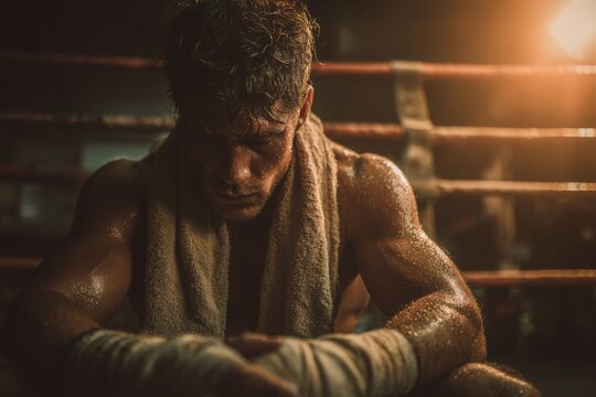 Exhausted boxer resting in the corner of the ring with a towel, catching his breath after an intense match, showing strength and determination, focused and sweaty.