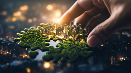 Obraz premium Hand holding puzzle piece to complete vibrant cityscape surrounded by greenery, symbolizing growth and connection