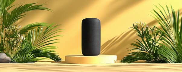 Stylish black smart speaker placed on a decorative pedestal in a serene setting