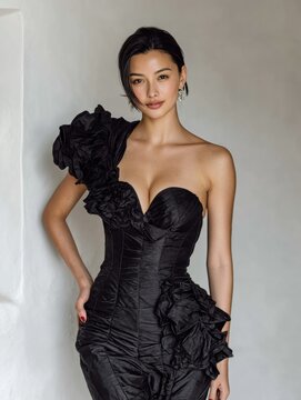 Frau in schwarzem Kleid mit Bl&uuml;tenapplikation, Halbportr&auml;t