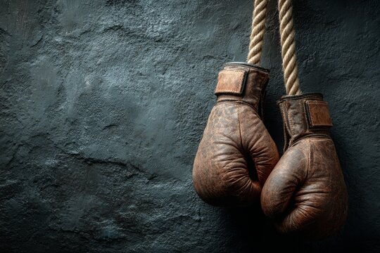 Old vintage leather boxing gloves hanging on a rope against a dark textured wall, capturing the history of the fight and sport, with space for text.