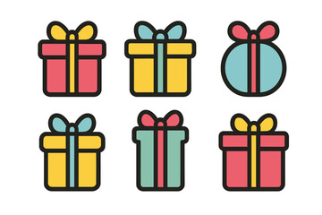 Six colorful present box icons with ribbons and bows for celebration and holiday design