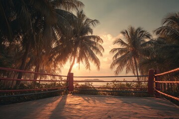 An empty boxing ring sits beneath a canopy of palm trees at sunset on a tropical island, offering a unique and striking scene of sport meets paradise.