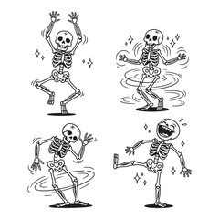 Four playful skeletons dancing with joyful movements and sparkles in a whimsical cartoon style