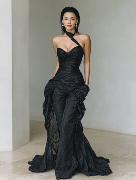 Frau in schwarzem asymmetrischem Abendkleid, Ganzk&ouml;rper