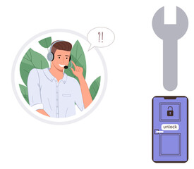 Customer service agent in headset resolving issues, a wrench as a tool, and an unlocked door. Ideal for customer support, service solutions, troubleshooting, remote assistance, problem-solving