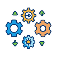 Interlocking gears and arrows symbolize process automation, efficiency and workflow optimization on black backdrop