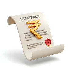 3d icon of a contract document with the indian rupee symbol and a red wax seal isolated on white background