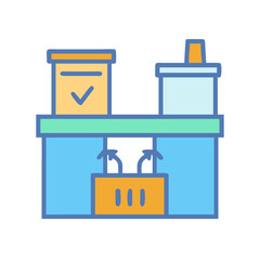 Stylized vector graphic of package delivery system with boxes, arrows, and platform.