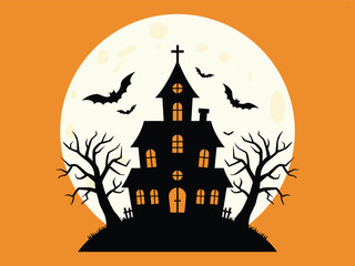 Haunted house illustration – halloween spooky night, scary castle vector, moonlight background design