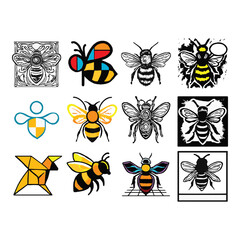 Obraz premium Collection of diverse artistic bee illustrations featuring geometric and stylized designs in various styles