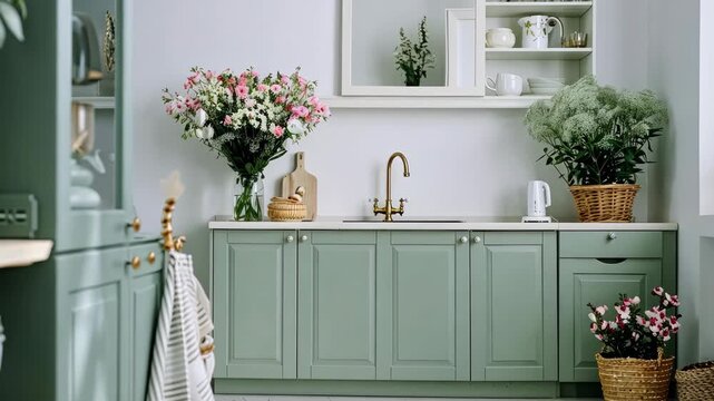 Bright and modern kitchen featuring green cabinets, elegant decor, and beautiful floral arrangements enhancing the inviting space