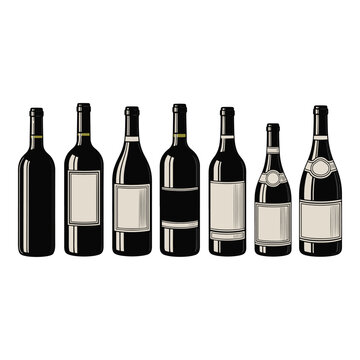 Collection of assorted wine bottles with blank labels on a white background studio shot