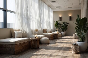 Obraz premium Bright Spa Lounge With White Curtains, Wooden Benches, Soft Cushions, Candles, And Lush Plants For Relaxation And Wellness