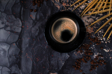 Black coffee with foam in a black ceramic cup on dark background. Top view