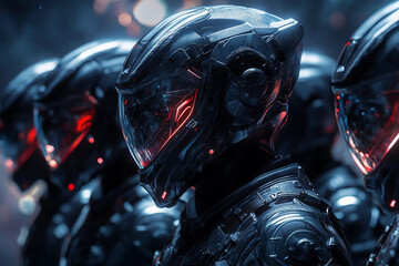 Humanoid futuristic characters wearing advanced robotic armor, science fiction cyber warriors in high tech suits, generative ai