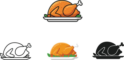 Roasted turkey illustration set with garnish, holiday feast food icon collection, Thanksgiving dinner design elements, cad drawing flat vector illustration