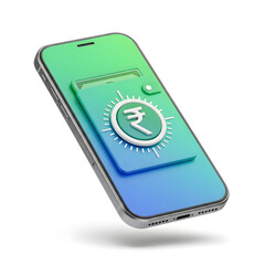 3d illustration of a smartphone with a digital wallet and indian rupee symbol isolated on white background