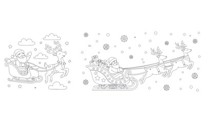 Christmas Santa Sleigh Vector collection featuring Santa Claus with reindeer, holiday candles, stars, and snowflakes. Perfect for festive illustrations, cards, posters, and seasonal design projects.