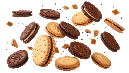 Flying falling chocolate sandwich cookies baked biscuits cut out on PNG. AI GENERATED.