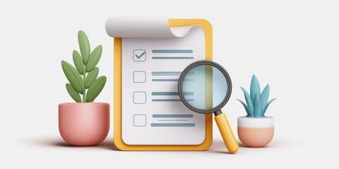 Quality Assurance Checklist Concept. A colorful checklist beside magnifying glass and potted plants, symbolizing organization and attention to detail in a vibrant workspace.