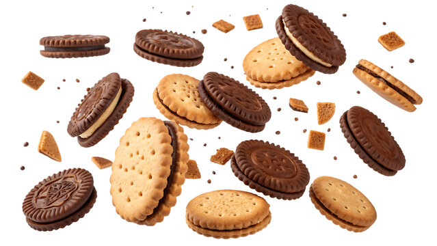 Flying falling chocolate sandwich cookies baked biscuits cut out on PNG. AI GENERATED.