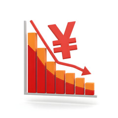 3d illustration of a downward trending bar graph with a red japanese yen symbol, isolated on white background