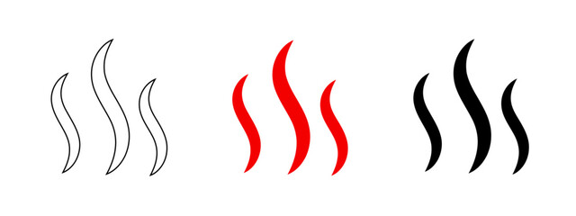 Stylized Set of Flame Graphics with Outline, Solid Red and Solid Black Isolated on White