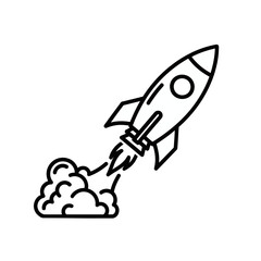 Stylized Spaceship Launching with Smoke Trail Vector Outline on White Background