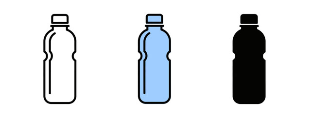 Three Water Bottle Icons in Black, Blue, and Line Art on a White Background