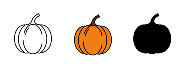 Pumpkin illustration set with outline drawing, orange color filling, and silhouette on a plain background