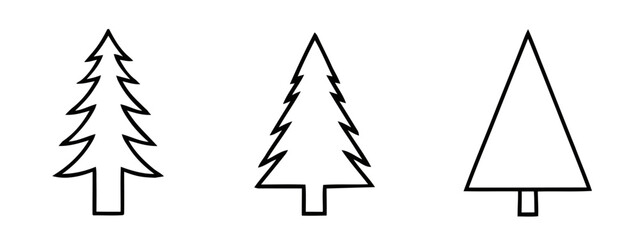 Fototapeta premium Three black outline Christmas trees of varying styles in a row on a white background
