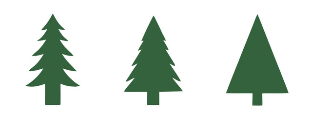 Three Green Pine Trees Silhouettes in a Row Isolated on White Background